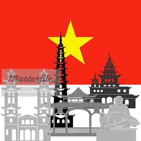 State flags and architecture of the country. Illustration on white background.