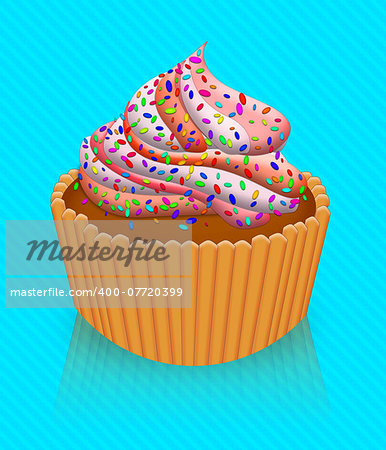 Illustration of pink fairy cake, cupcake with icing.