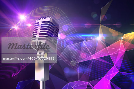 Retro chrome microphone against digitally generated music symbol design