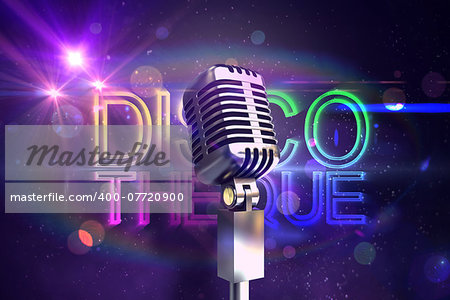 Retro chrome microphone against digitally generated colourful discotheque text