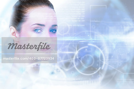 Composite image of beautiful brunette smiling at camera against interface