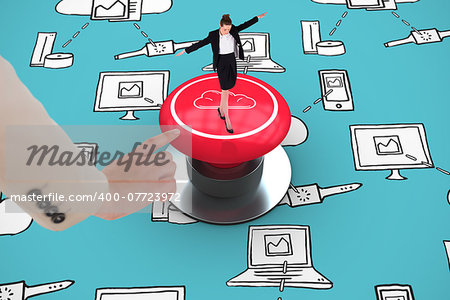 Businesswoman performing a balancing act against blue graphic background