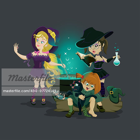 Three witches brew potion. Vector cartoon illustration