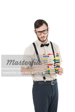 Geeky hipster holding an abacus on white background