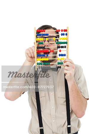 Geeky hipster holding an abacus on white background
