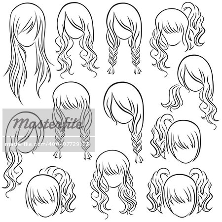 Set of teenage girl hairstyles, hand drawing vector contour