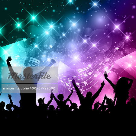 Silhouette of a party crowd on an abstract background with music notes