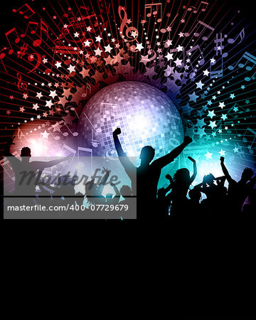 Party crowd background with music notes and mirror ball