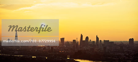 Panoramic View of Skyline and River Thames at Sunset, London, England