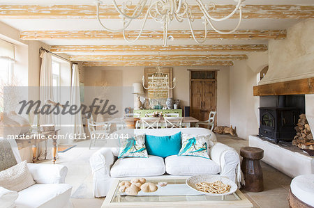 Living and dining area in rustic house