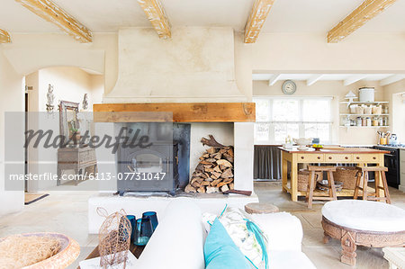 Living room and kitchen of rustic house