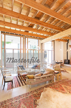 Sofas and coffee table in rustic living room