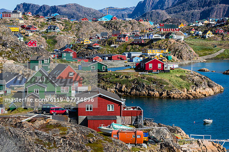 View of the brightly colored houses in Sisimiut, Greenland, Polar Regions