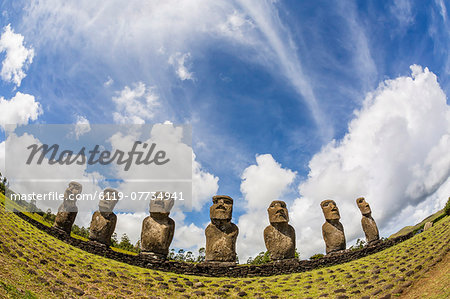 Seven Moai at Ahu Akivi, the first restored altar, Rapa Nui National Park, UNESCO World Heritage Site, Easter Island (Isla de Pascua), Chile, South America