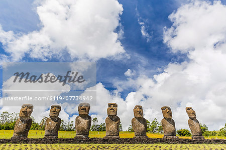 Seven Moai at Ahu Akivi, the first restored altar, Rapa Nui National Park, UNESCO World Heritage Site, Easter Island (Isla de Pascua), Chile, South America