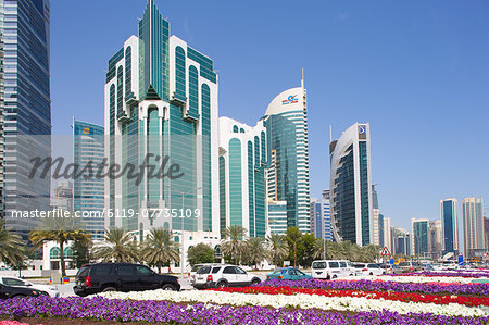 City Centre buildings and Corniche traffic, Doha, Qatar, Middle East