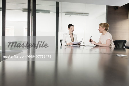 Two young businesswomen meeting in boardroom
