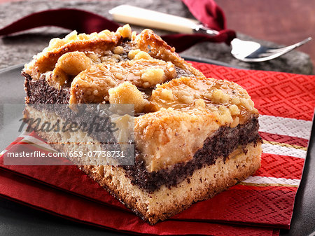 An apple and poppy seed slice on a paper napkin