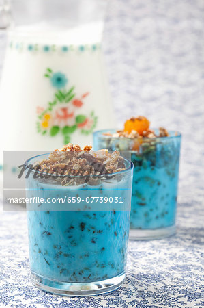 Crunchy muesli with yogurt in light blue glasses