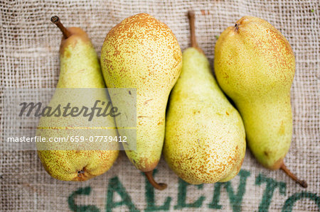 Four pears on a piece of jute (seen from above)