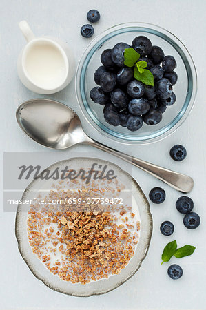 A bowl of crunchy breakfast cereal drenched in milk and a bowl of fresh blueberries