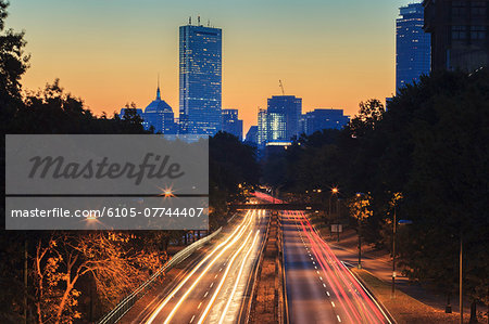 Storrow Drive at dawn with skyline in background, Boston, Massachusetts, USA