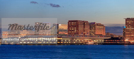 Seaport District with World Trade Center at dusk, Boston, Massachusetts, USA Seaport District with World Trade Center at dusk, Boston, Massachusetts, USA