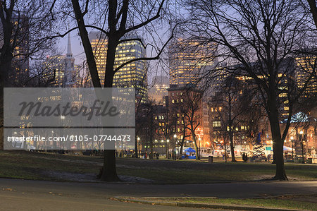 Boston Common and Park Street Church and Tremont Street on New Year's Eve, Boston, Massachusetts, USA