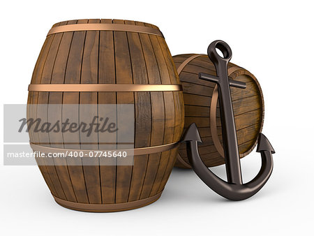 Anchor and barrels on white background, 3D