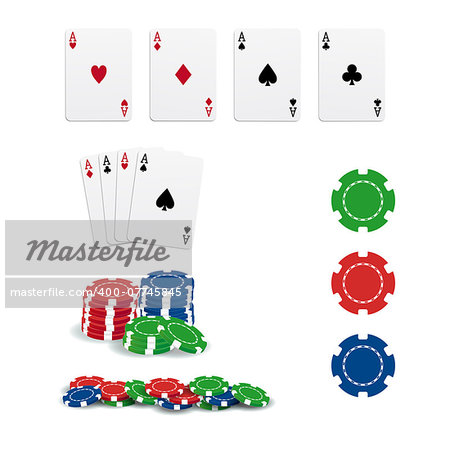 Poker cards and chips on white background