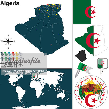 Vector map of Algeria with regions, coat of arms and location on world map