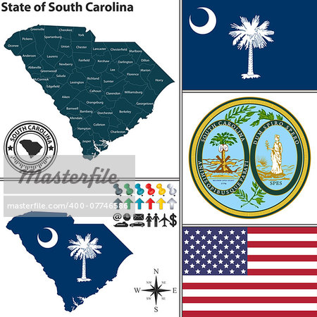 Vector set of South Carolina state with flag and seal