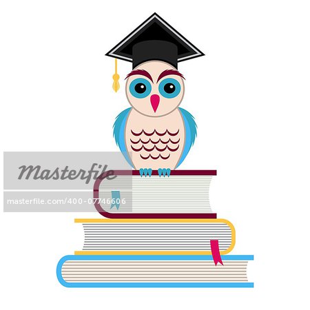 Colorful owl with graduation hat sitting on books