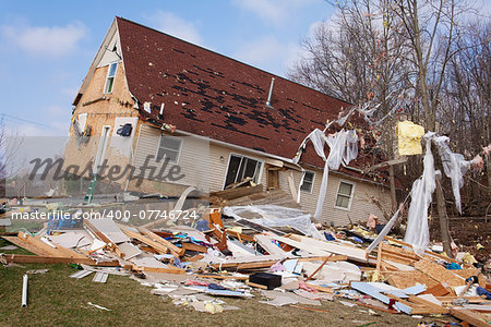 LAPEER COUNTY, MI - MARCH 15: A home heavily damaged by an F2 tornado that swept through Oregon Twp in Lapeer County, MI on March 15, 2012. The photo was taken the next day.