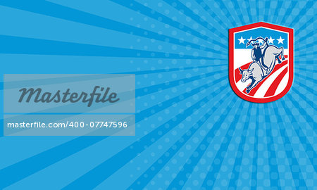 Business card showing illustration of an american rodeo cowboy riding bucking bull set inside shield crest with stars and stripes in the background done in retro style.