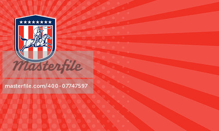 Business card showing illustration of an american rodeo cowboy riding horse with lasso rope set inside shield crest with stars and stripes done in retro style.