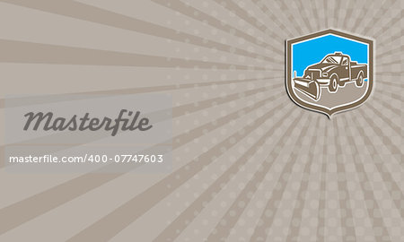 Business card showing illustration of a snow plow truck set inside shield on isolated background done in retro style.