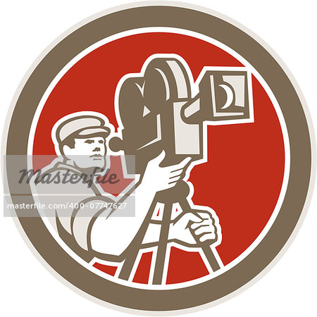 Illustration of a cameraman movie director with vintage movie film camera set inside circle on isolated background done in retro style.