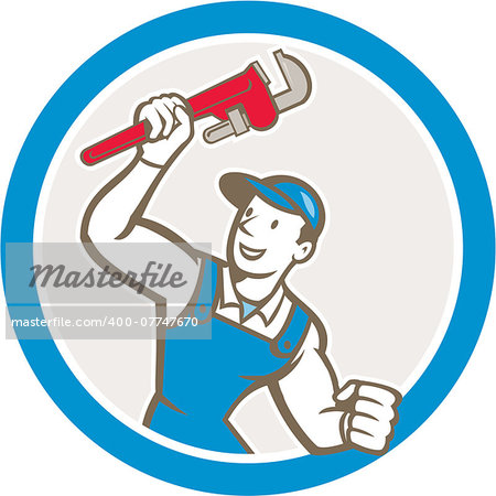 Illustration of a plumber holding monkey wrench set inside circle on isolated white background done in cartoon style.