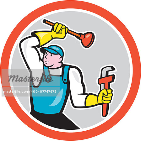 Illustration of a plumber holding monkey wrench and plunger set inside circle done in cartoon style on isolated white background.