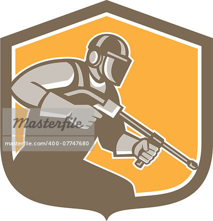 Illustration of a man pressure washing cleaner worker holding a water blaster viewed from side set inside shield crest on isolated background done in retro style.