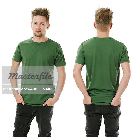 Photo of a man wearing blank green t-shirt, front and back. Ready for your design or artwork.