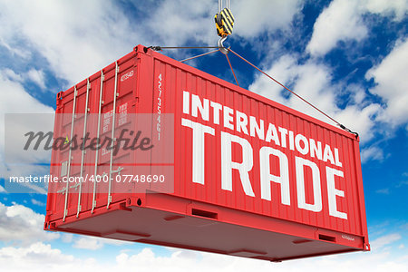 International Trade - Red Hanging Container on Sky Background.