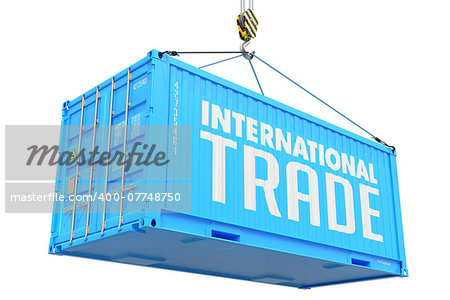 International Trade - Blue Cargo Container hoisted with hook Isolated on White Background.