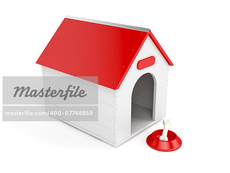 Doghouse with bowl and bone on white background