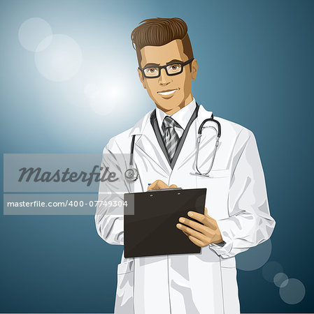 Vector hipster doctor man writing something with marker on clipboard