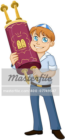 Vector illustration of a jewish boy holds the torah for bar mitzvah