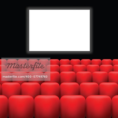 colorful illustration with cinema screen  and red seats on a dark background