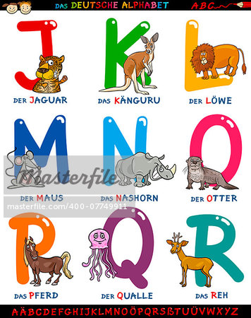 Cartoon Illustration of Colorful German or Deutsch Alphabet Set with Funny Animals from Letter J to R