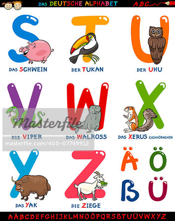 Cartoon Illustration of Colorful German or Deutsch Alphabet Set with Funny Animals from Letter S to Z and Special Characters